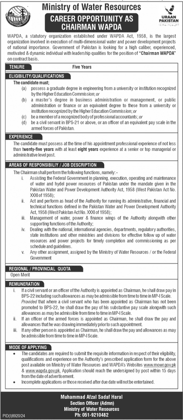 Chairman Jobs in WAPDA Islamabad